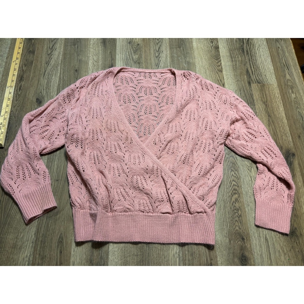 SHEIN Curve Sweater Womens Size 0XL Pink Pullover Pointelle Knit Surplice V-Neck